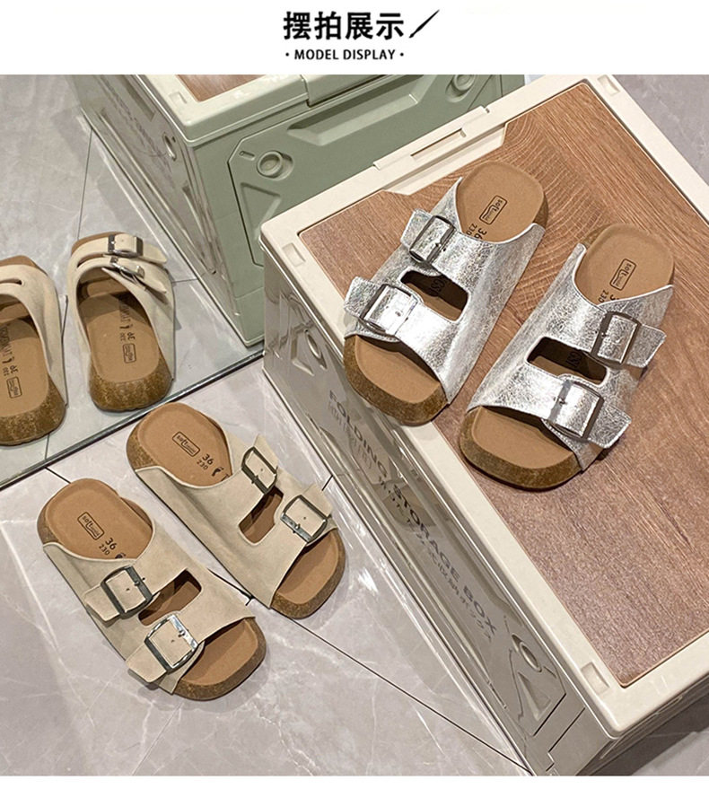 Dép sandal nữ quai ngang khóa cài cổ điển đế dày, mũi vuông, đi ngoài — Màu bạc, Màu mơ chi tiết 21