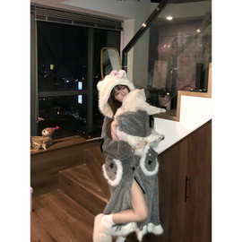 可爱蝴蝶结连帽Kitty珊瑚绒睡衣女冬季睡裙加绒加厚家居服睡袍女