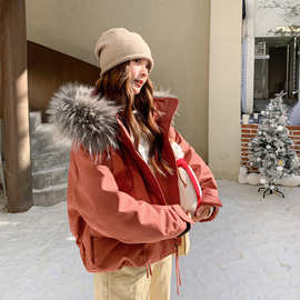 奶油橘今年流行大毛领连帽工装羽绒服女2025冬季新款派克外套