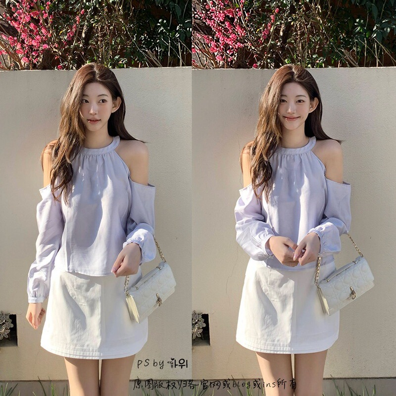 Now Available: Korean Designer Zaenio Sky Blue Halter Neck Off-Shoulder Shirt, Korean Style Women's Clothing, Refreshing and Sweet Chiffon Top