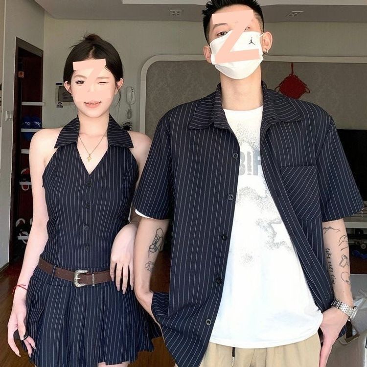 Couple outfits, summer niche high-end Korean style short-sleeved shirts, men's French style women's dresses, one dress and one top, trendy on Instagram.