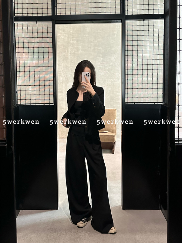 5werkwen秋冬小香风外套女黑色毛感宽松休闲高级羊毛混纺开衫上衣|undefined