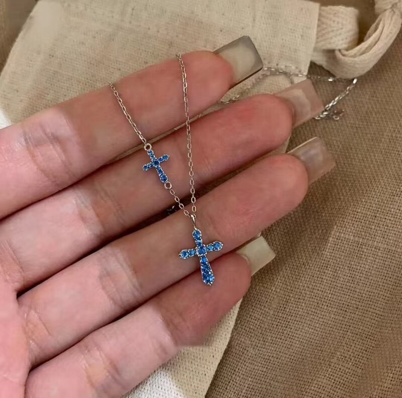 2026 New Silver Blue Diamond Cross Pendant Necklace Ins Niche Exquisite Simple Versatile Xiaohongshu Hot Item 2026 New Silver Blue Diamond Cross Pendant Necklace Ins Niche Exquisite Simple Versatile Xiaohongshu Hot Item