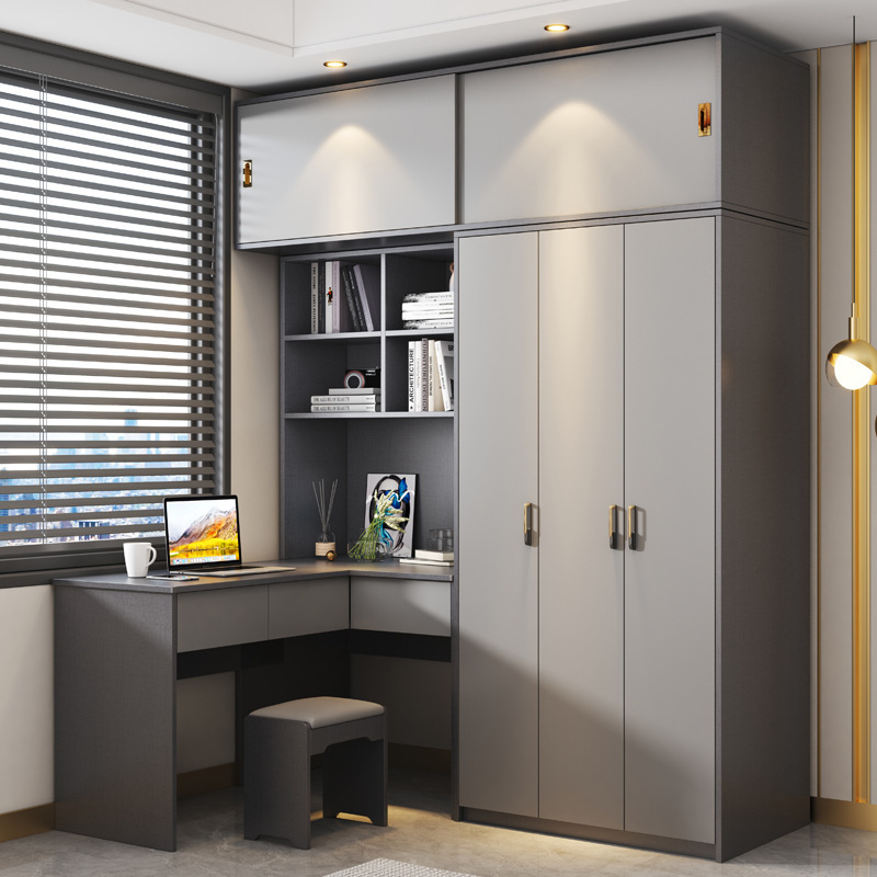 Solid Wood Corner Integrated Desk Cabinet for Small Spaces, L-Shaped Wardrobe, 7-Shaped Computer Desk, Office Study Integrated Gray Combination Cabinet