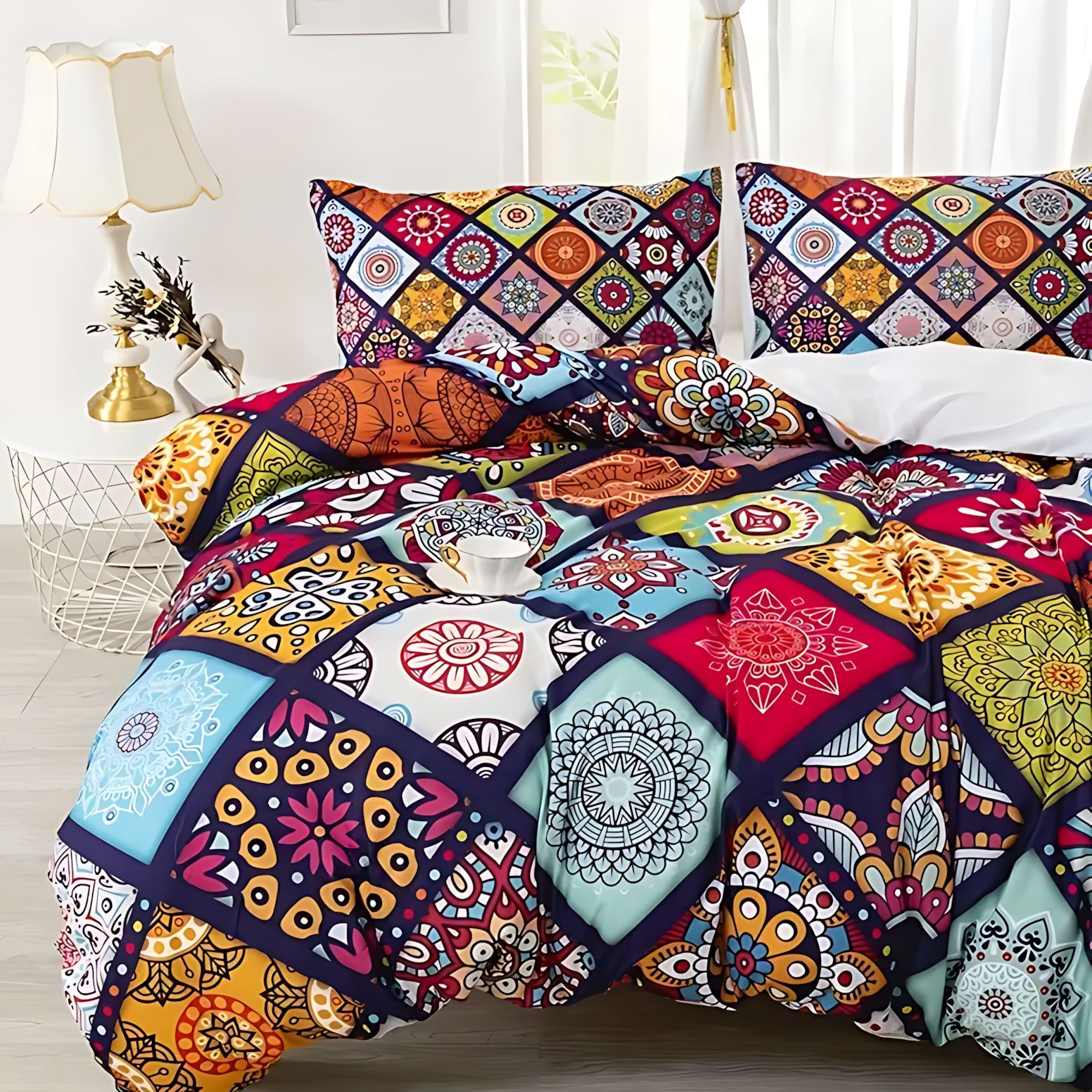 TEMU / JIT estilo bohemio de color cuadrícula 3D impresión digital abrasión colcha de colcha Kit