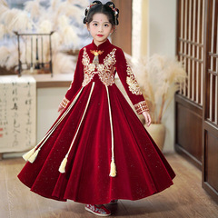 冬季兒童復古繡花拜年服女加厚2024新款中國風女童唐裝漢服公主裙