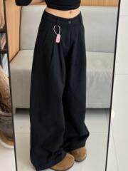 美式复古黑色牛仔裤女秋季新款高腰宽松显瘦纹理褶皱直筒阔腿长裤