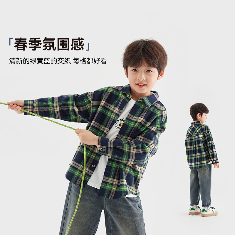 多多家男童衬衫春秋季儿童休闲复古翻领上衣中大童帅气长袖格子纹|undefined