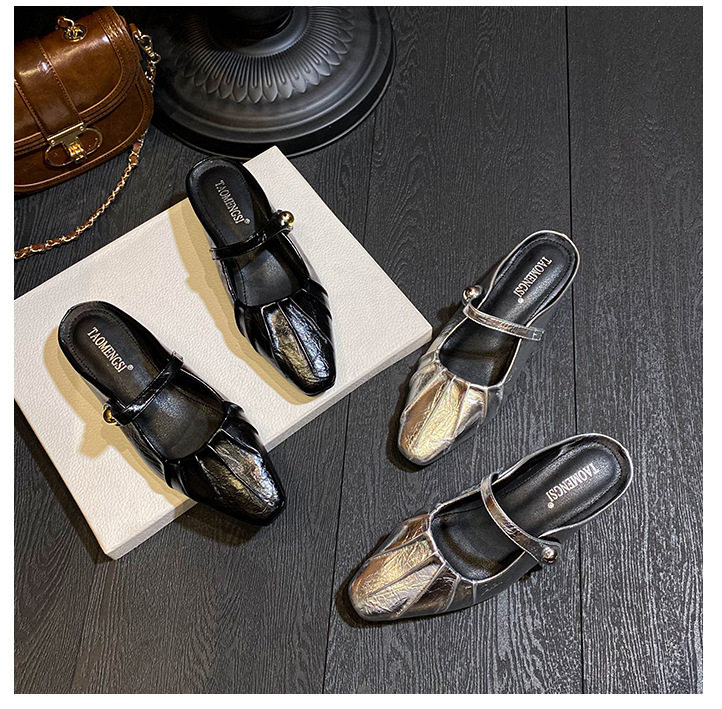 Giày mules Mary Jane nữ mũi vuông quai ngang bít mũi, gót thấp dưới 3 cm — Màu bạc, Màu đen chi tiết 25