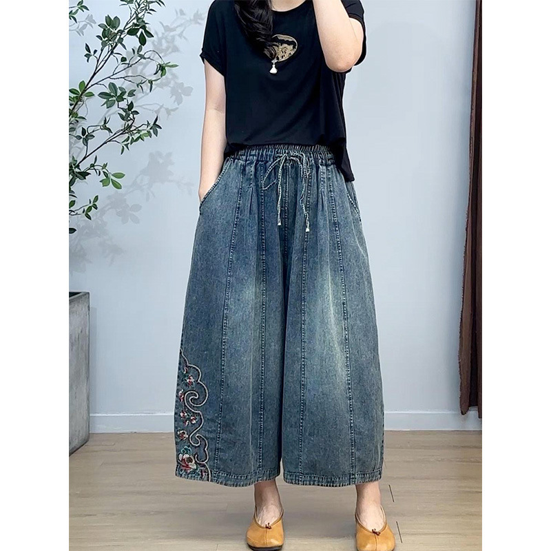 Summer Embroidered Denim Wide-leg Pants Women's Loose Waist All-match Loose Slimming Vintage White Casual Cropped Pants Summer Embroidered Denim Wide-leg Pants Women's Loose Waist All-match Loose Slimming Vintage White Casual Cropped Pants