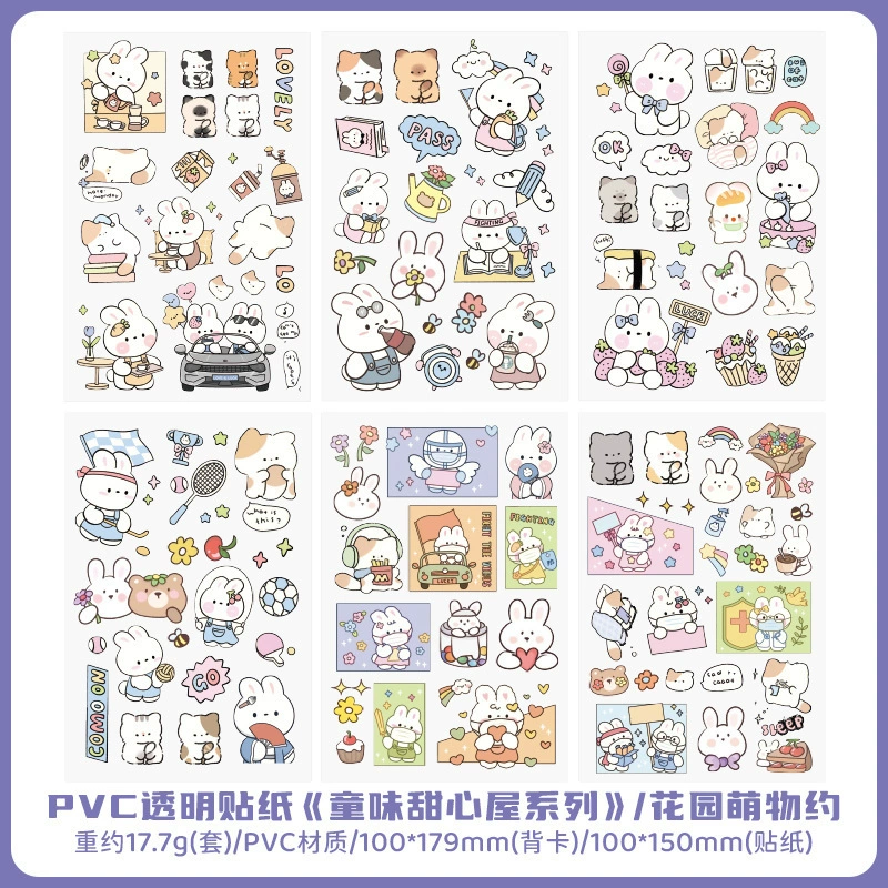 Transparent PVC Waterproof Stickers — Cute Cartoon Multi-Design Sheets, Single Pack (Various Themes)