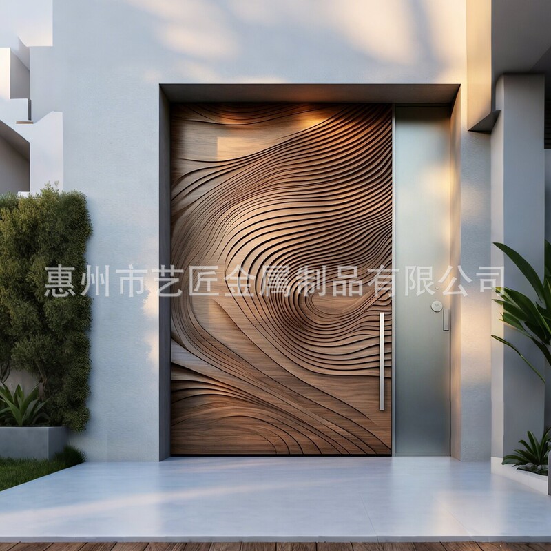 Cast aluminum villa entrance door, double-door design, suitable for rural self-built houses, featuring a wood-grain finish and a high-end, offset pivot door design Cast aluminum villa entrance door, double-door design, suitable for rural self-built houses, featuring a wood-grain finish and a high-end, offset pivot door design