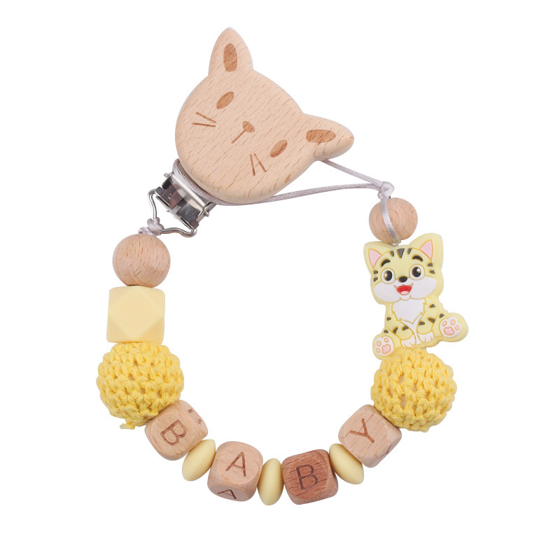 Nuevo bebé gato clip de chupeta de madera de haya dibujos animados juguetes de silicona para gatos calmar bebés chupeta cadena anti-caída cadena