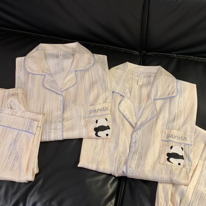 Par de pijamas de primavera y otoño delgada de seda de hielo de manga larga de alto sentido 2024 Nuevo más tamaño de los hombres y las mujeres de verano homewear traje