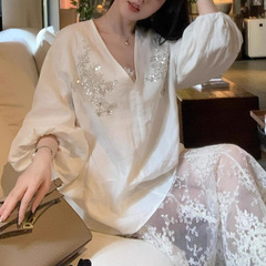 长期主义 钉珠刺绣长袖防晒衬衫蕾丝半身裙女夏鱼尾裙+上衣套装