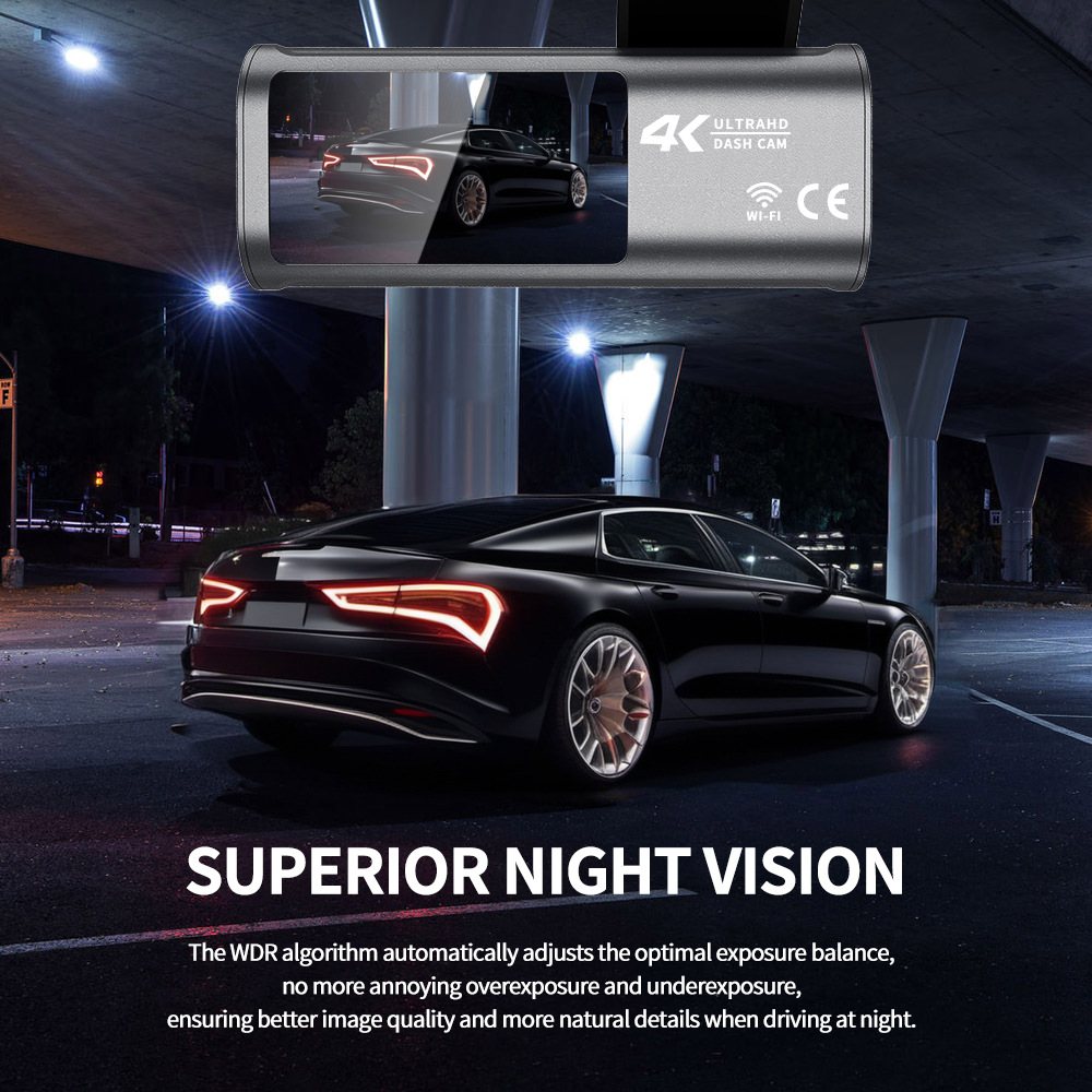 4Kgps Dash Cam with Front and Rear Dual Recording, Wifi Parking Monitoring, Dual-Lens Ultra-Clear Wide-Angle Car Camera