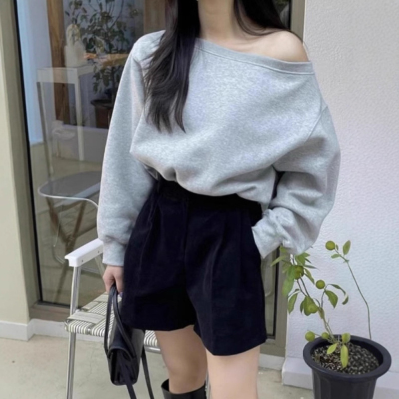 韩国chic秋季法式小心机斜领不规则露肩设计感宽松百搭长袖卫衣女|undefined