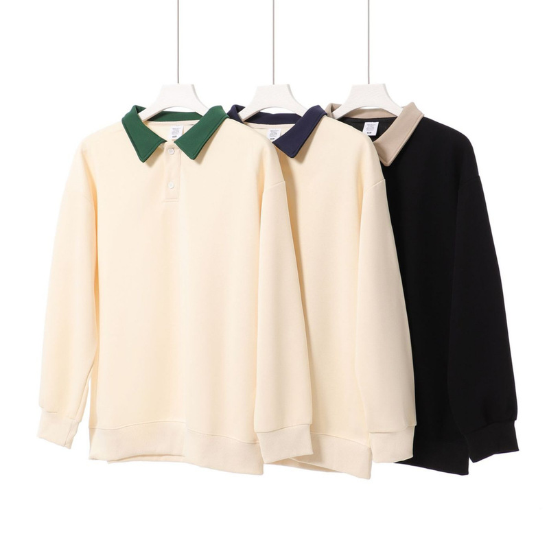 Spring and Autumn New Hong Kong Style Men's Loose Contrast Lapel Sweatshirt Fashion Brand College Style Casual Pullover Polo Collar Top