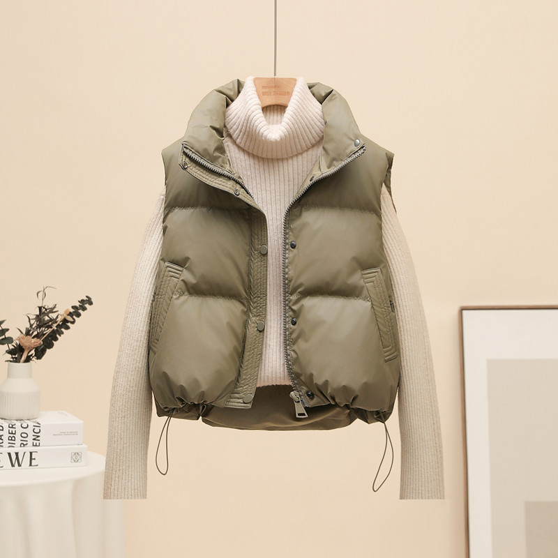 No-Wash Pu Leather down Vest for Women, Short Style, 2025 Autumn and Winter Korean Version, Stand Collar, Petite Fashion Vest Jacket