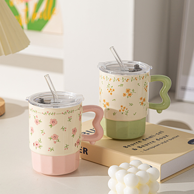 Taza de cerámica con pajita, taza de café para el hogar, taza de té, taza con tapa, gran capacidad, regalo para el Día de San Valentín