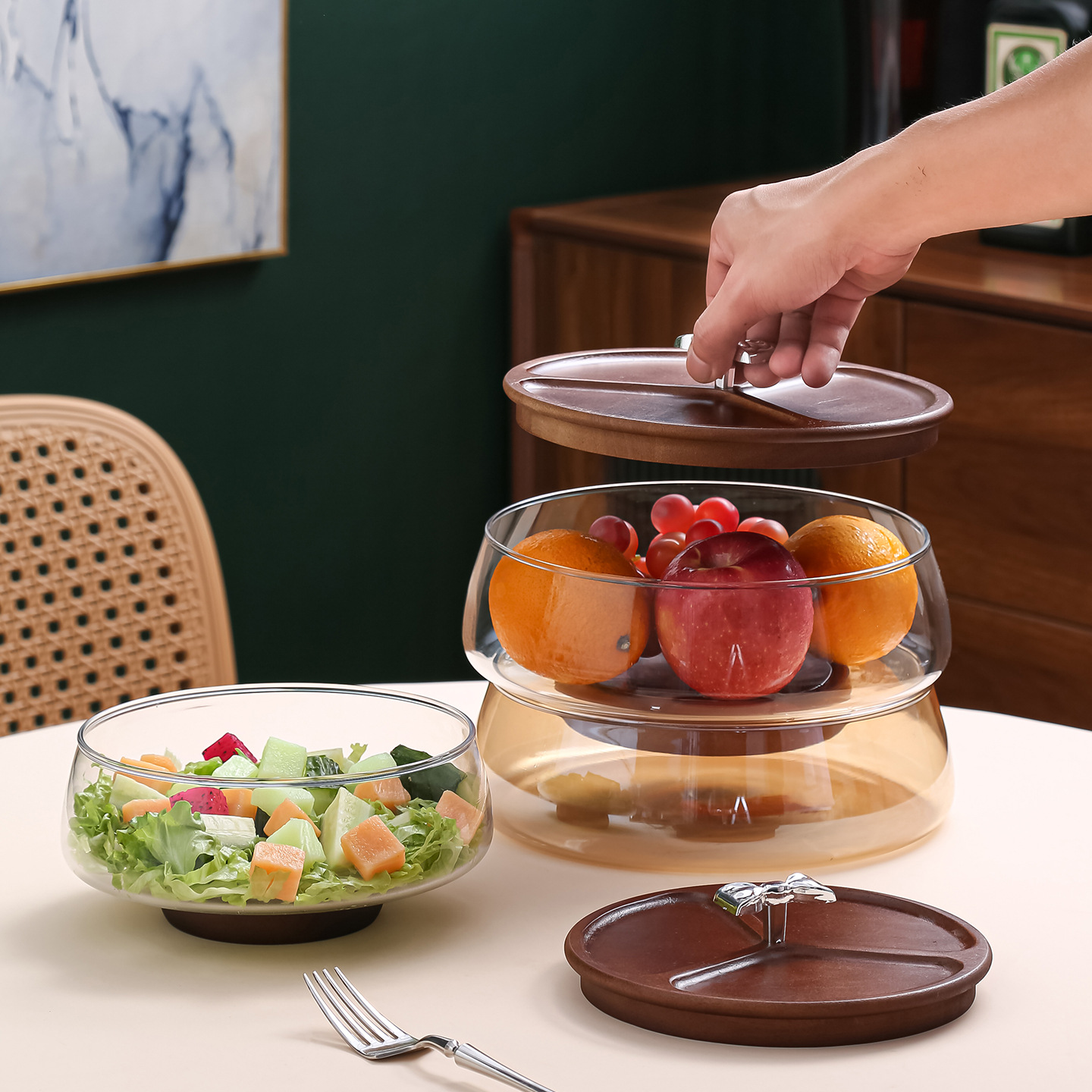 实木高脚玻璃果盘坚果干果盒家用客厅糖果水果盘茶几零食收纳果盆