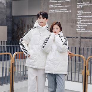 Cross-Border Manufacturer Wholesale Men's Thickened Korean Style Trendy Three-Stripe Short Couple Women's Hooded Warm down Jacket