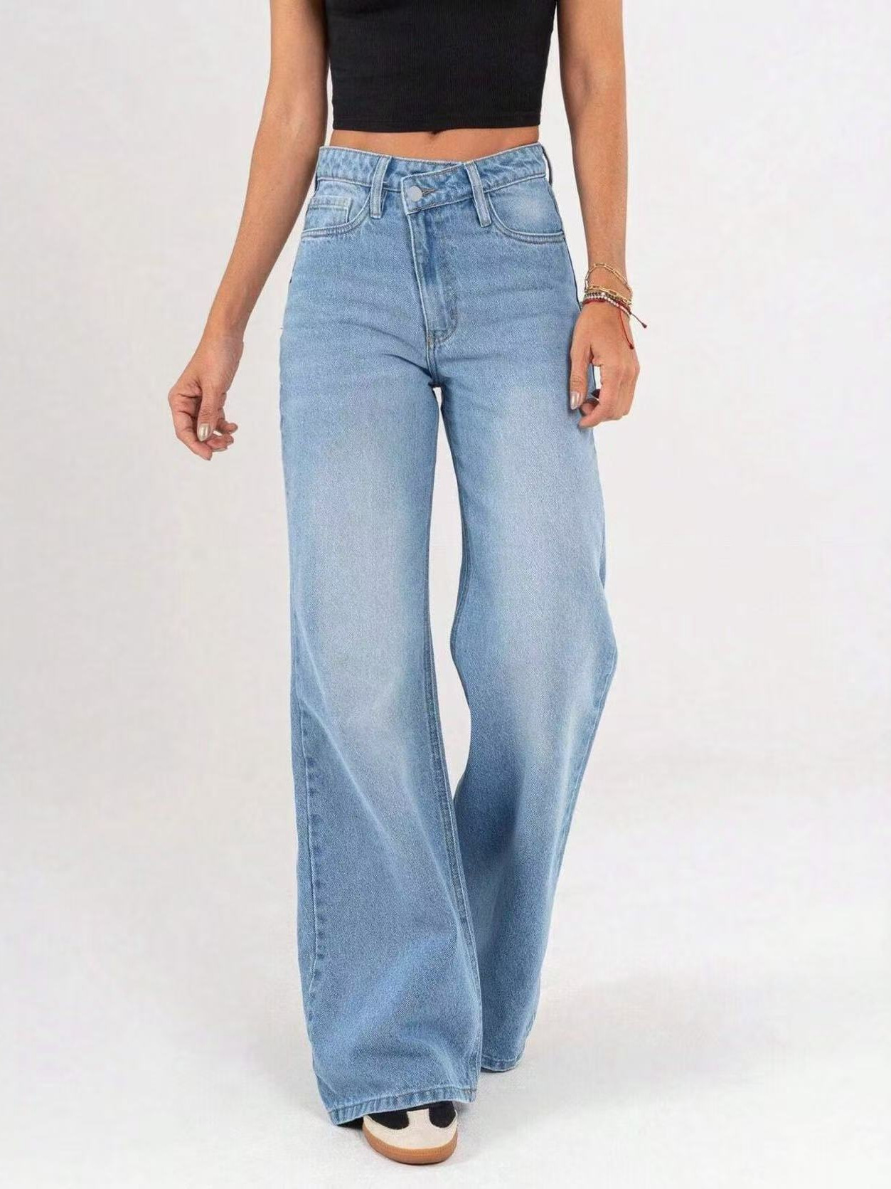 Jeans Rectos de Mujer con Botones Oblicuos de Mezclilla de Algodón y Poliéster, Elásticos, Cintura Media, para Uso Diario