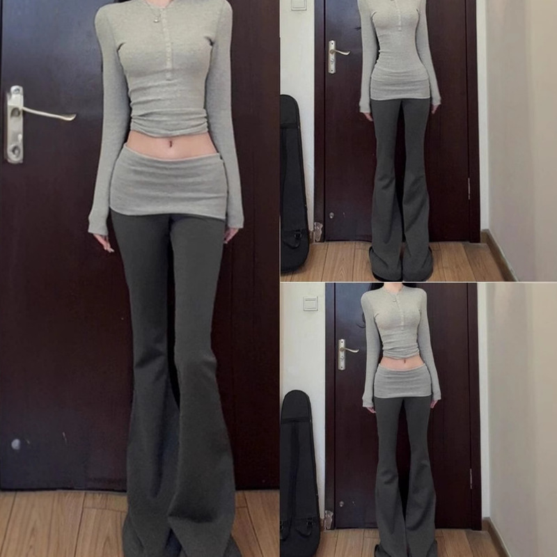 Grey Flanged Casual Pants Women's Fake Two-piece Micro Yoga Sweaters Thin Low Waist Color-block Slimming Spice Girls Wide-leg Pants