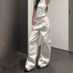アメリカvibe重工は白い工装ジーンズの女性秋冬の背が高くて腰がゆったりしています。