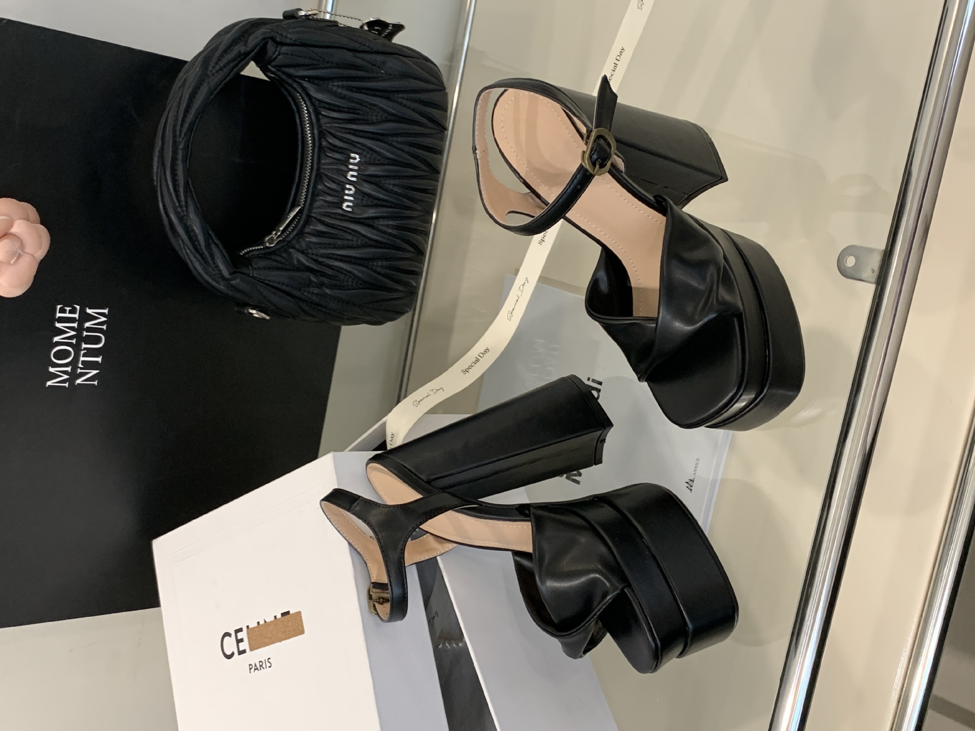 Sandal cao gót nữ quai ngang mũi vuông đế dày chống nước, gót siêu cao 9 cm — Màu đen chi tiết 18