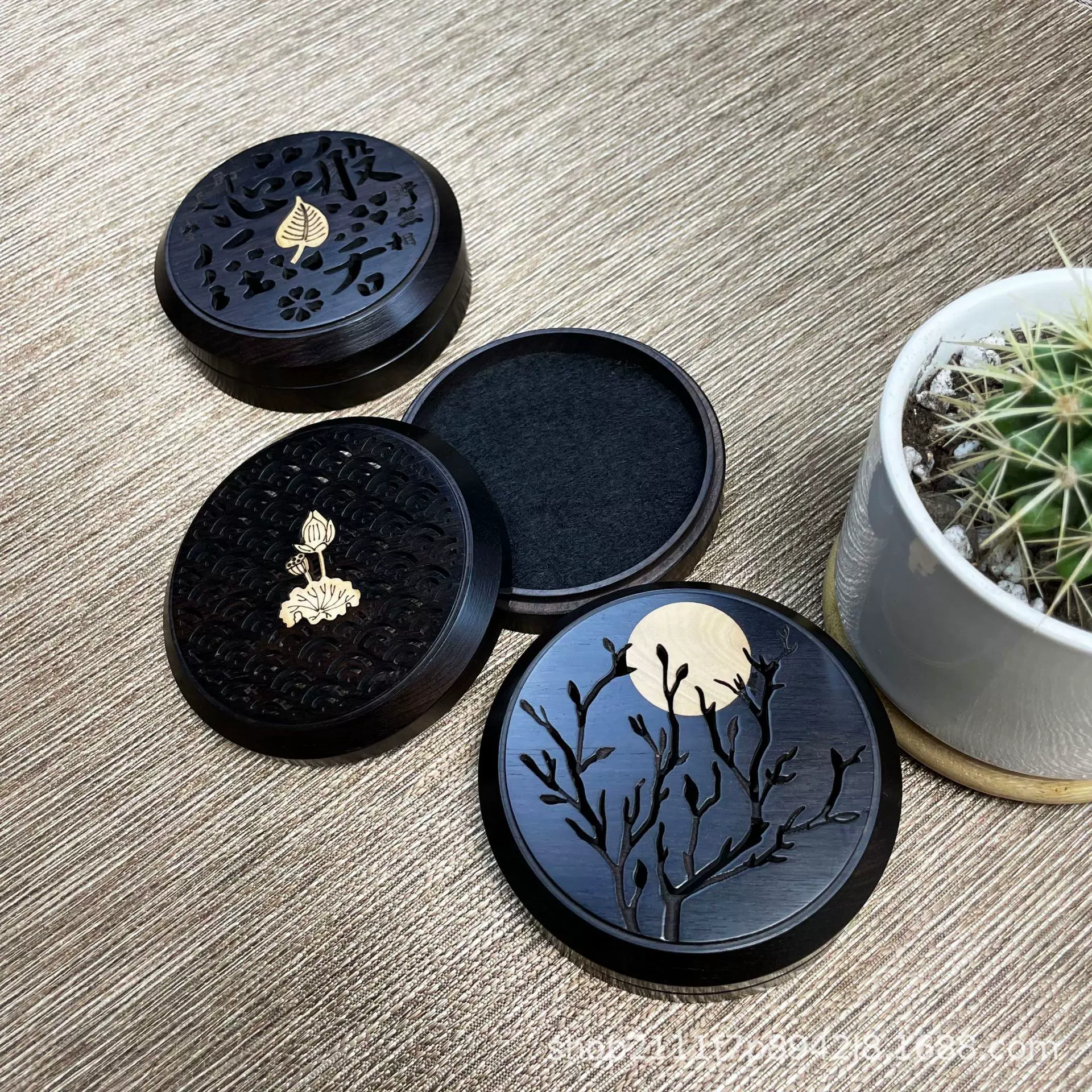 圆盘香炉天地盖紫光檀盘香炉 檀木黑檀圆盘熏香炉香插工艺摆件