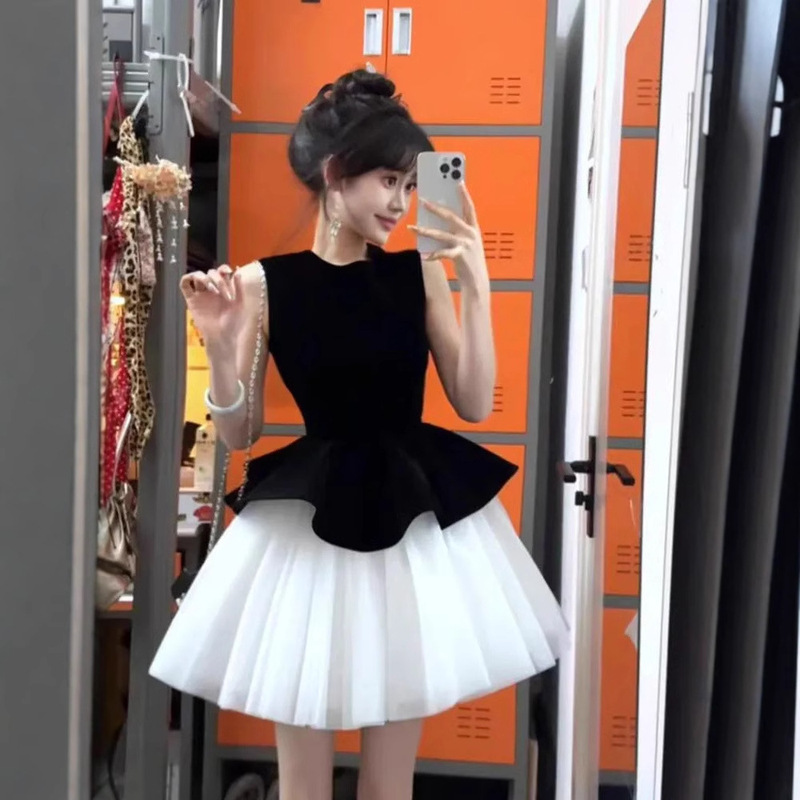 [Original quality zipper] Beautiful sleeveless mesh puffy dress women's 2025 summer waist princess dress