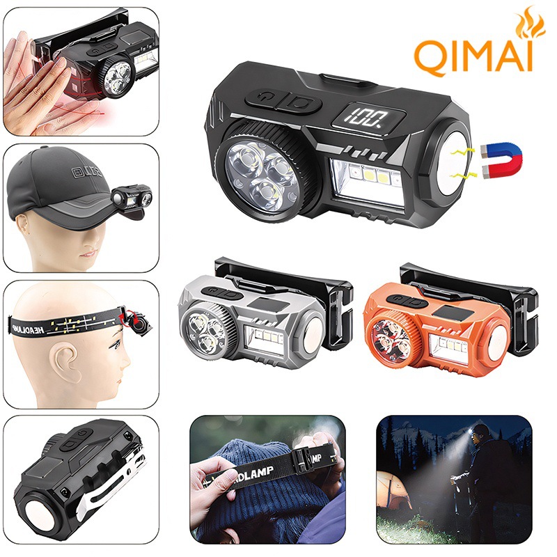 Grenzüberschreitende LED-Mehrfachlichtquelle, Lauflicht, eingebauter Akku, Digitalanzeige, Magnetsensor, kleine Stirnlampe_voghion.com