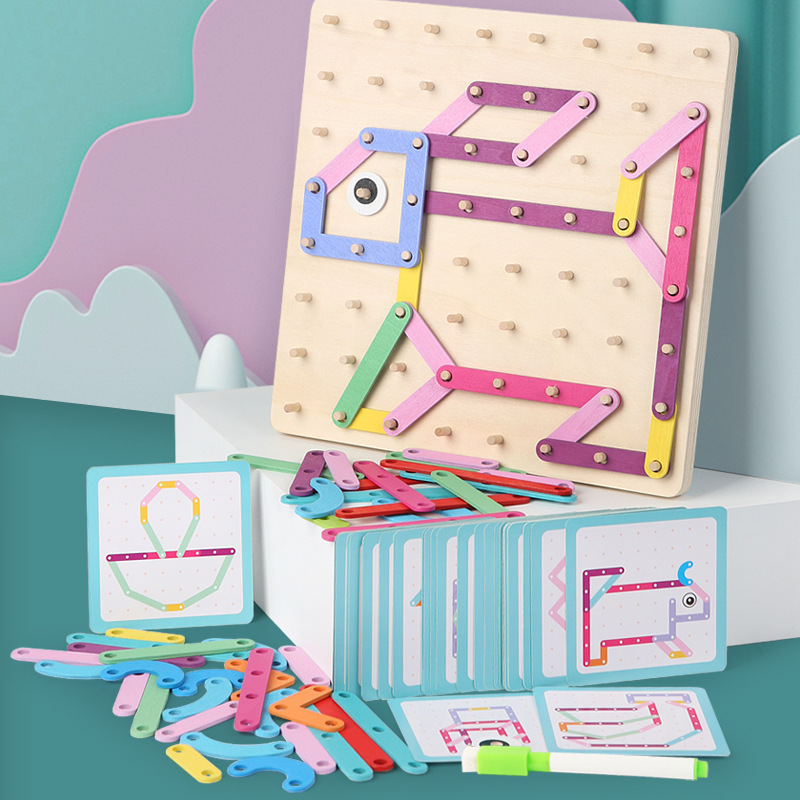 Montessori de madera geométrica creativa tablero de uñas rompecabezas infantil tablero de dibujo gráfico dos en uno educación temprana juguetes cognitivos educativos