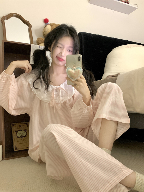 睡衣女春秋季韩版甜美蕾丝条纹云朵棉长袖长裤家居服套装学生薄款|undefined