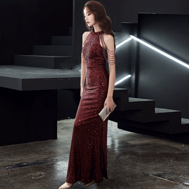 Женское вечернее платье, длинное платье с пайетками,halter neck с цепочками на плечах, от S до XXL