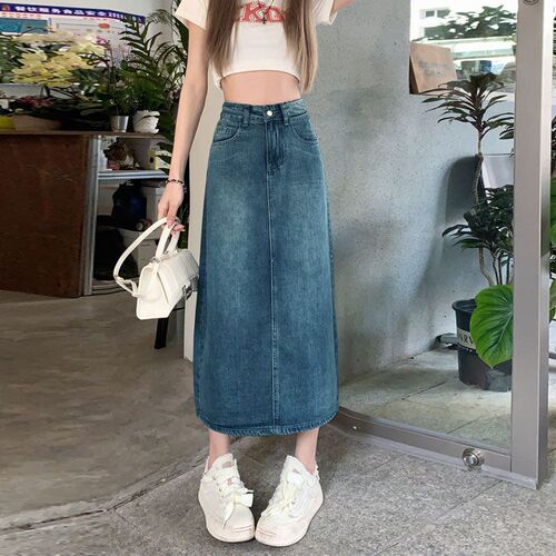 Slimming High-Waisted Blue Denim Skirt with Back Slit A-Line Retro Dress for Short Women, Showing Height, New Women's Fashion