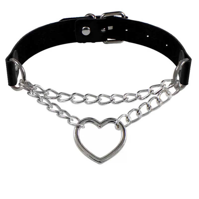 跨境原宿桃心形链条项圈时尚皮质爱心颈圈颈链心形锁骨链批发