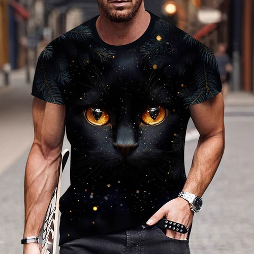 ladaza Cross-border 3D Digital Men's Short-sleeve European and American Cat Animal Pattern T-shirt Summer Breathable Sweat-proof Top