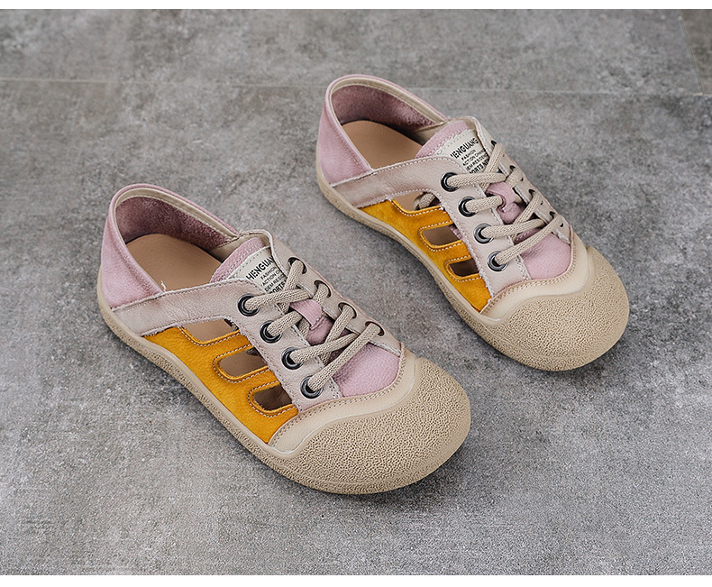 Sandal nữ da bò phối màu cổ điển, đế thấp thoáng khí — màu hồng chi tiết 13