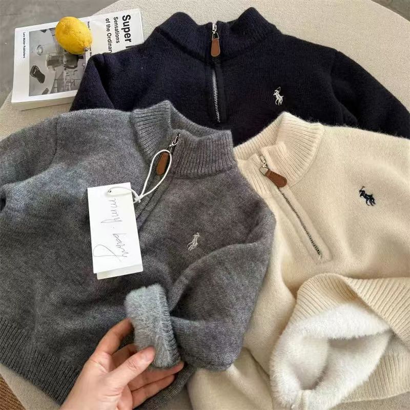 2025 Kidsren's Velvet Knitwear Winter Embroidered Half Turtleneck Knitwear for Boys and Girls Baby Zipper Wool Pullover Thick