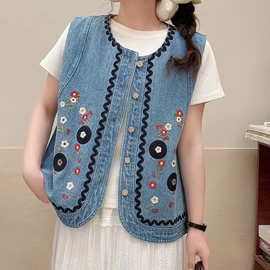 春秋季新款复古文艺风小花刺绣圆领百搭牛仔马甲叠穿马夹女刺绣马