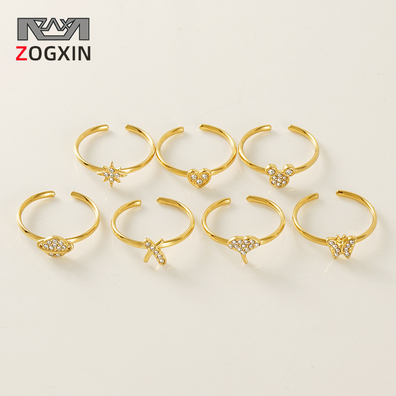 Moda nuevo anillo de diamante de acero inoxidable personalidad todo partido titanio acero 18K Luz de lujo en línea celebridad ins estilo anillo abierto