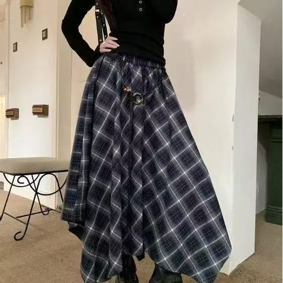 2025年新款设计感不规则撞色格纹半身裙女高腰显瘦气质中长裙子潮|undefined
