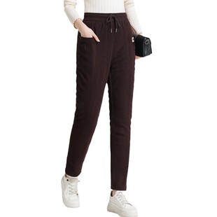 Middle-aged and elderly women's trousers fleece-lined padded cotton padded three-layer warm outer pants elastic band high waist calf mother's new pants