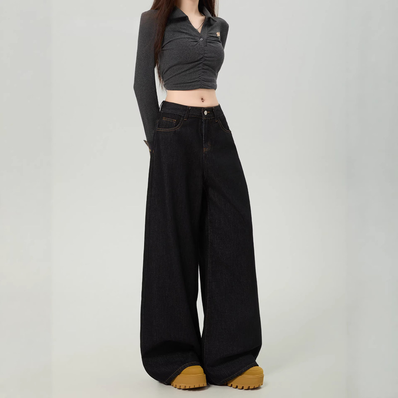 Black and Gold Spring/Summer Straight-Leg Jeans for Women, 2025 Autumn New High-Waisted Loose Wide-Leg Pants