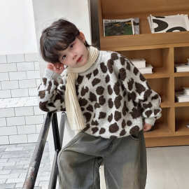 慵懒风宽松大版浣熊绒针织加厚毛衣秋冬新款豹纹洋气圆领毛绒上衣