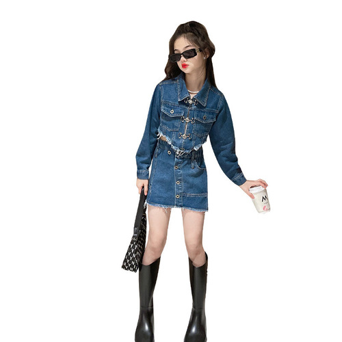 Heavy Industry Girl's Denim Suit  Spring Lightweight Stylish Trendy Button Irregular Denim Suit Children's Set