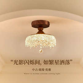 法式中古风水滴过道吸顶灯复古胡桃木色仿水晶高级感走廊阳台灯具