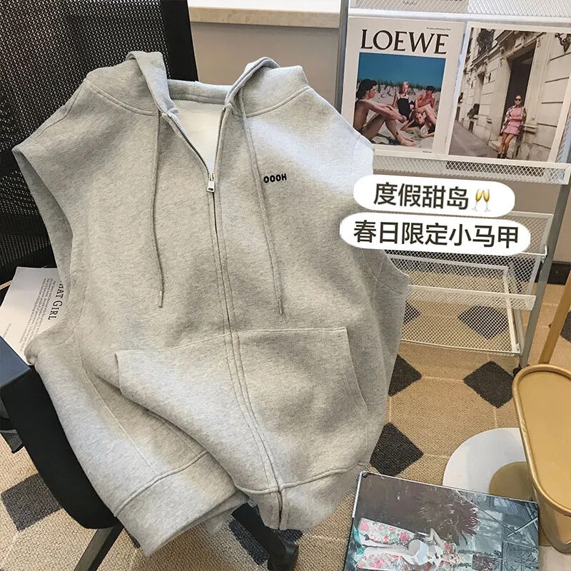 日系学院風フード付きベストカーディガン女性2024春秋工装レジャースポーツ馬挟み袖なし上着|undefined